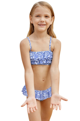 Blue White Paisley Print Little Girl Bikini with Ruffle