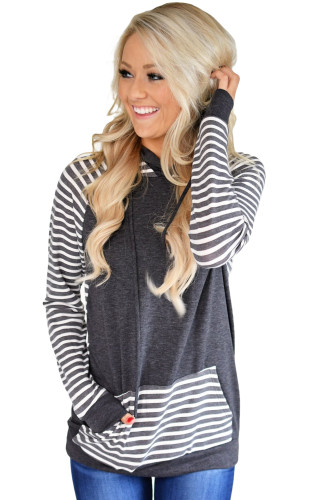 Gray Double Hooded Striped Sweatshirt