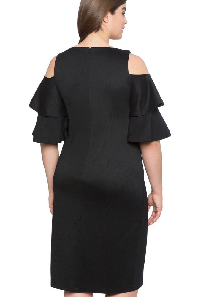 Black Plus Size Flounce Sleeve Cold Shoulder Dress