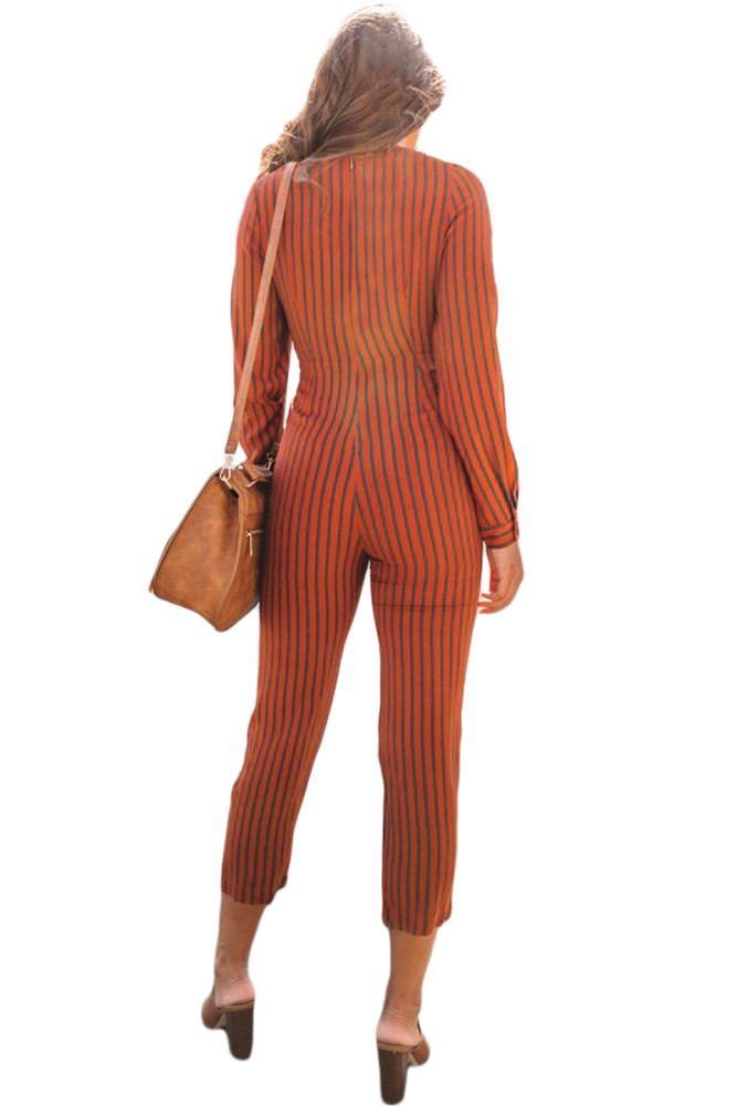 Red Striped Wrap V Neck Long Sleeve Jumpsuit
