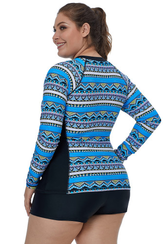 Blue Tribal Geometry Front Zip Rashguard Top
