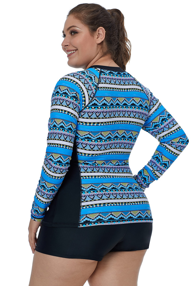 Blue Tribal Geometry Front Zip Rashguard Top