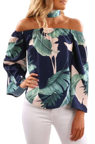 Navy Leaves Print Off Shoulder Blouse with Choker