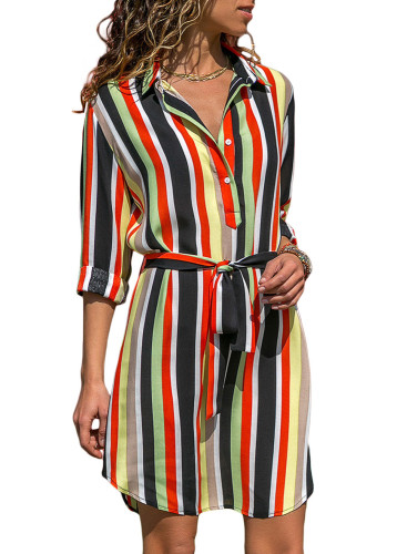 Five Color Print Button V Neck Shirt Dress