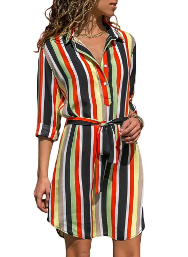 Five Color Print Button V Neck Shirt Dress