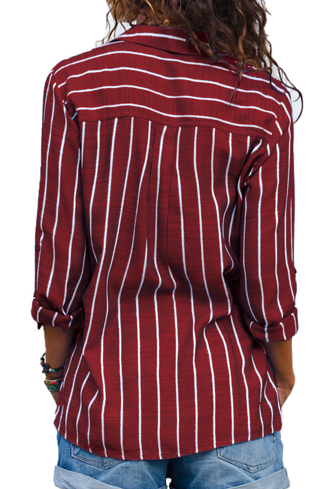 Burgundy Striped Roll Tab Sleeve Button Shirt