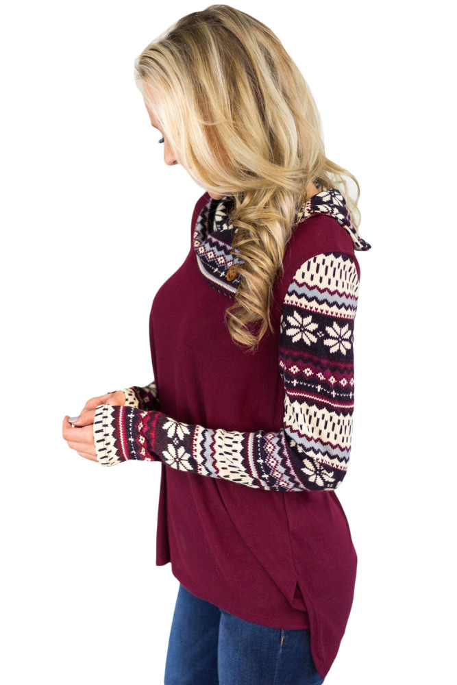 Christmas Snowflake Spliced Burgundy Sweatshirt
