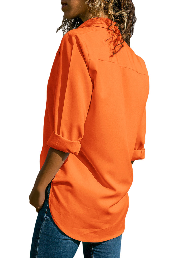 Orange Stylish Button Detail Long Sleeve Blouse