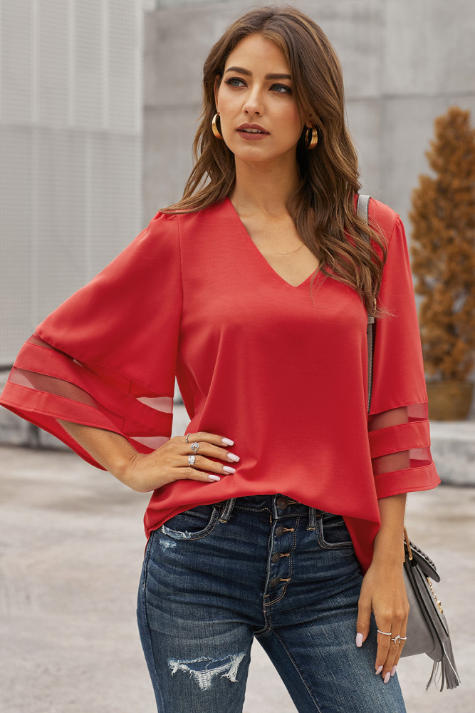 Red Flare Sleeve V Neck Loose Blouse