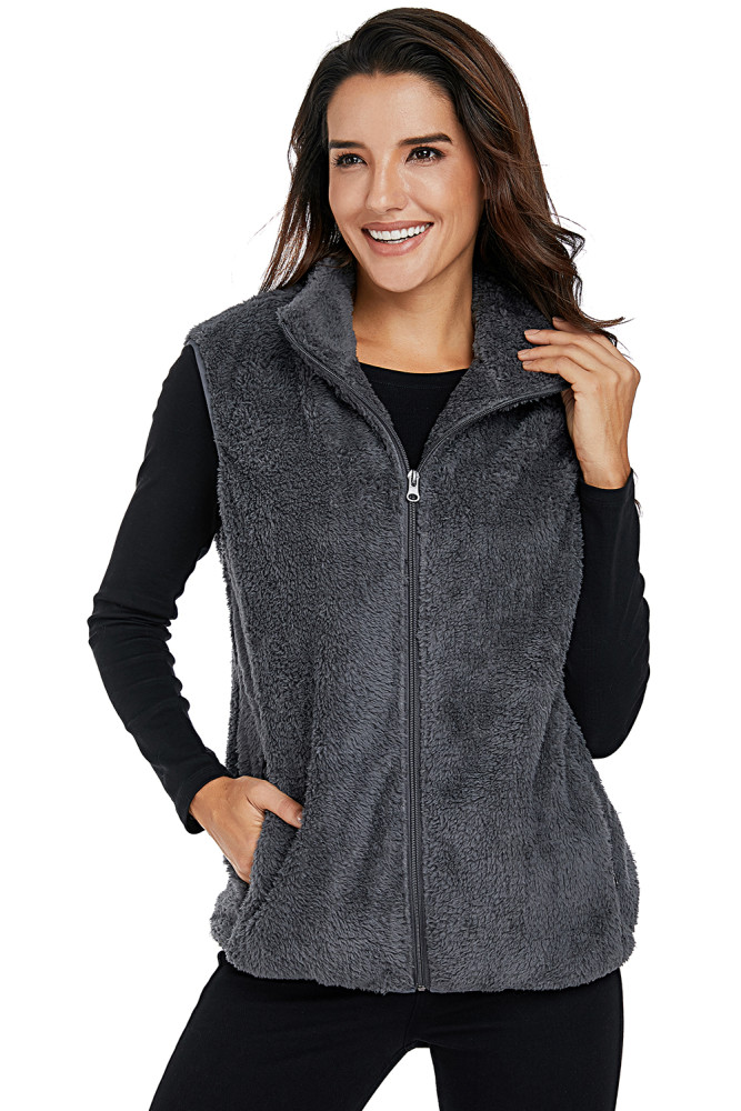 Gray Furry High Neck Vest Jacket