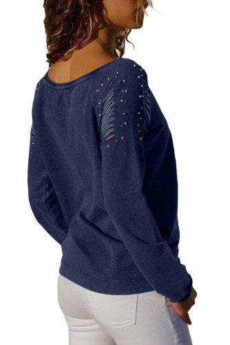 Navy Blue Ribbed Slash Pearl Detail Long Sleeve Top