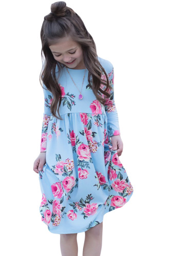 Floral Light Blue Swing Dress with Hidden Pockets