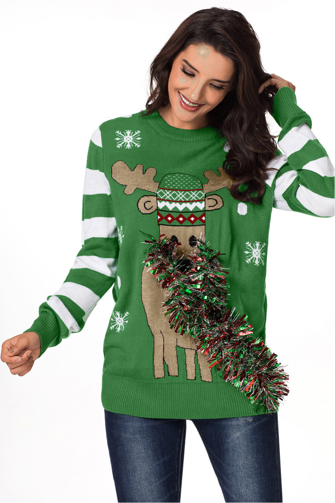 Green Festive Reindeer Holiday Sweater