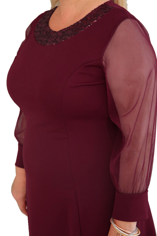 Burgundy Sequined Round Neck Plus Size A-line Dress