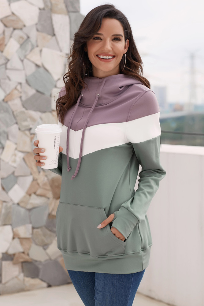 Dark Purple Hooded Green Colorblock Sweatshirt