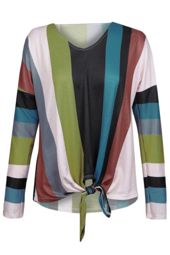 Dark Multi Striped Tie Front Long Sleeve Top