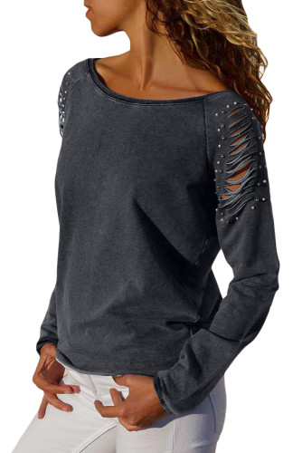 Charcoal Ribbed Slash Pearl Detail Long Sleeve Top
