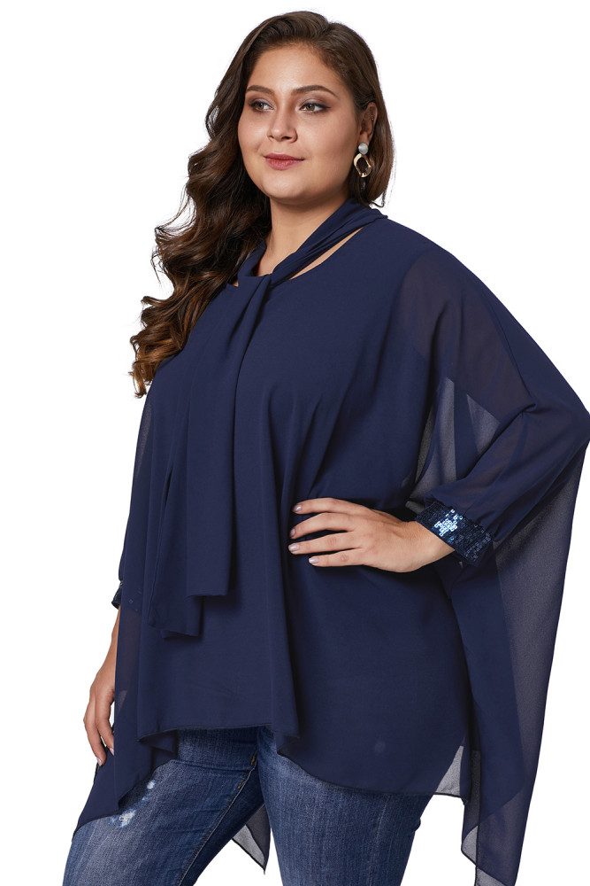 Navy Long Sleeve Chiffon Overlay Plus Size Blouse