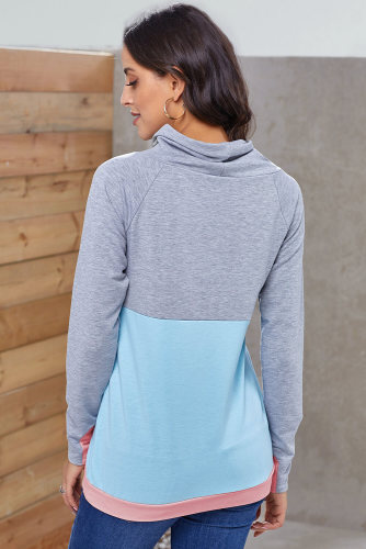 Gray Blue Colorblock Thumbhole Sleeved Sweatshirt