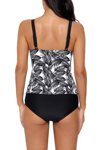 Monochrome Leaf Print 2pcs Tankini Swimsuit