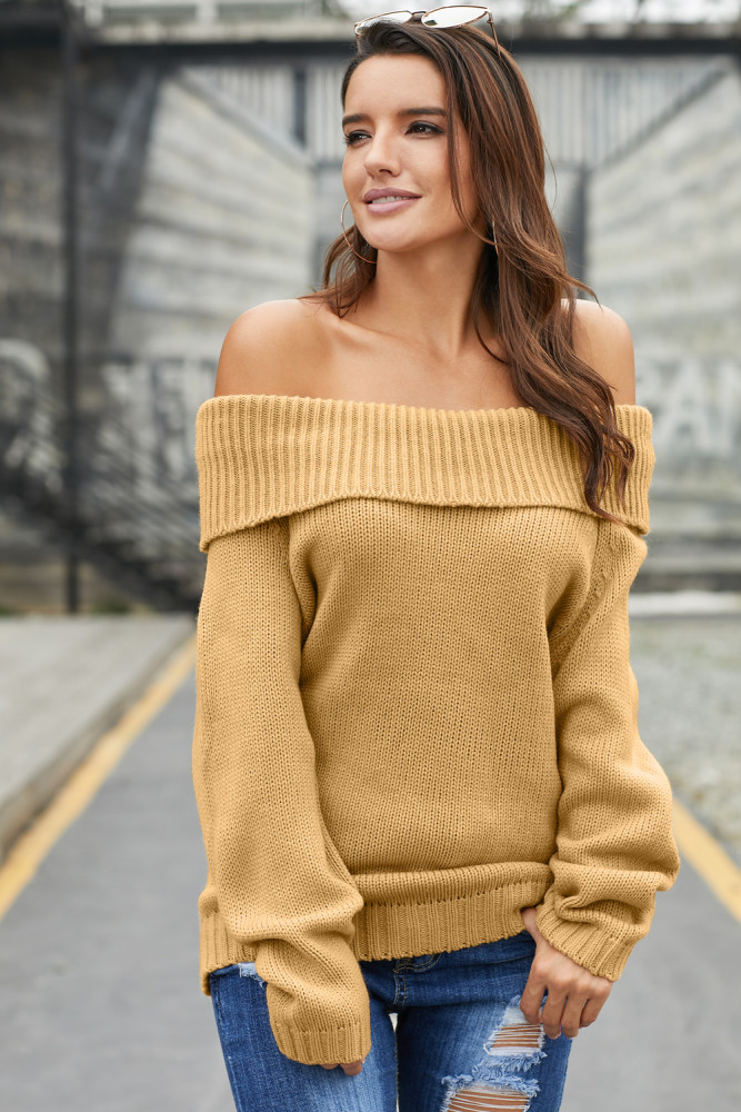 Khaki Turn-down Collar Show Shoulder Ribbed Sweater