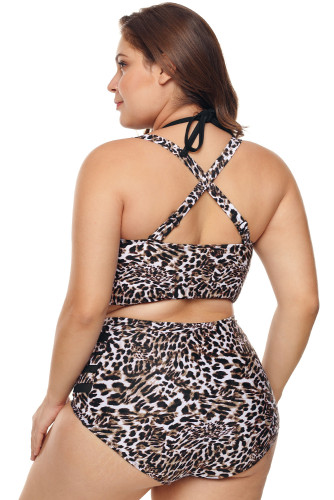 Leopard Print Plus Size Halter Push up Lattice Mesh Swim Bikini