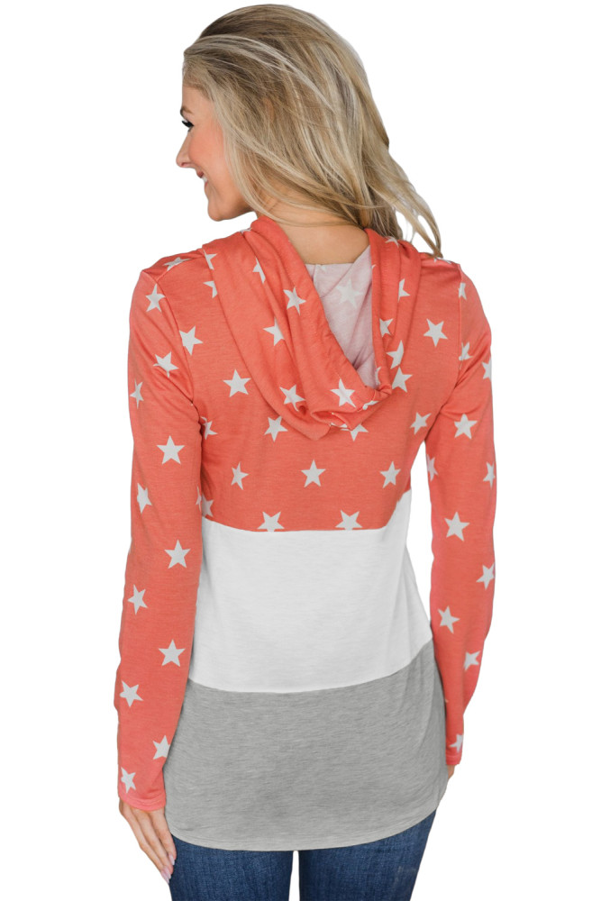 Coral Starry Splice Colorblock Drawstring Hoodie