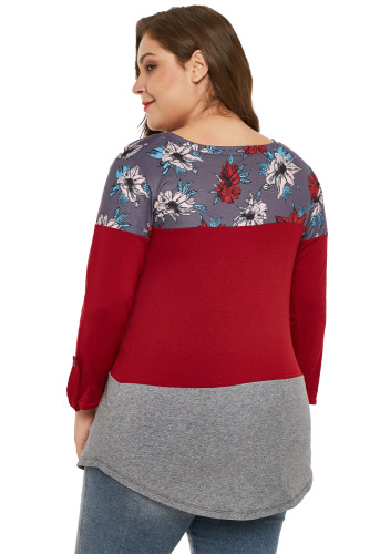 Burgundy Gray Colorblock Floral Plus Size Top