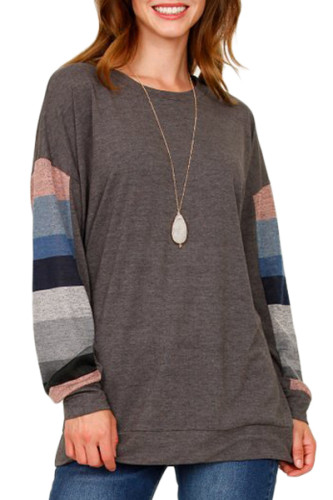Multicolor Striped Contrast Sleeve Brown Sweatshirt