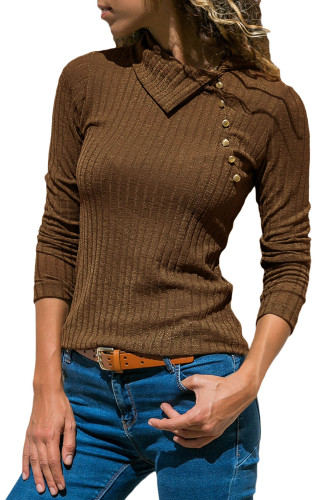 Khaki Ribbed Knit Turn Down Collar Top