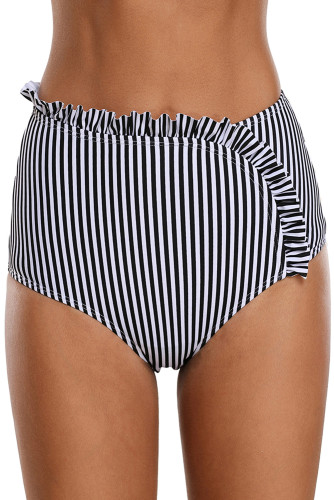 Black White Striped Asymmetric Ruffle Trim Swim Bottom