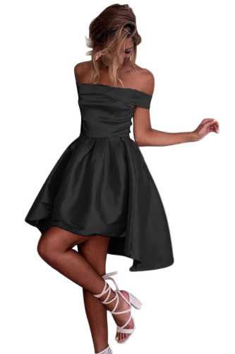 Black Off Shoulder Pleated Satin Homecoming Dress