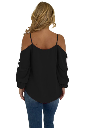 Black Spaghetti Strap Cold Shoulder Long Sleeve Top