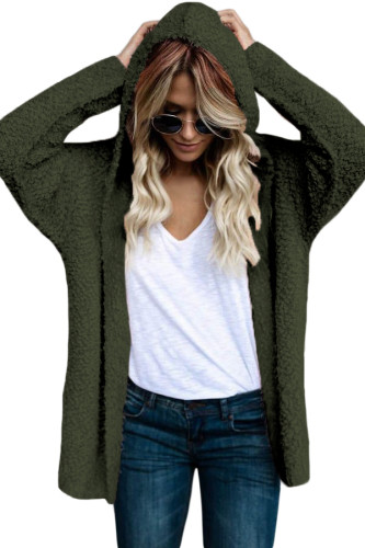 Army Green Fluffy Hooded Open Front Cardigan