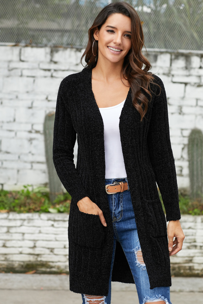 Black Velvet Chenille Cardigan for Women