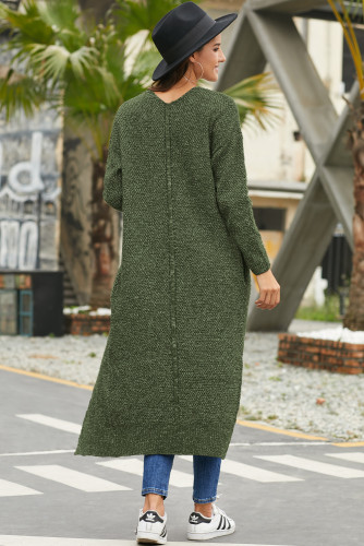 Green Open Front Knit Long Cardigan
