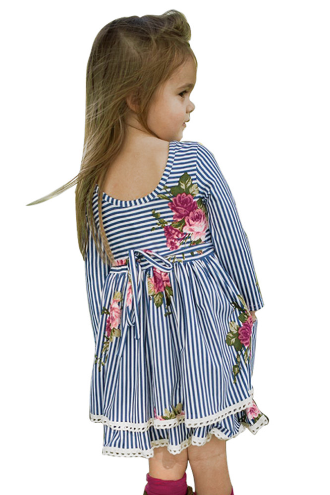 Blue Sweet Striped Floral Kids Dress