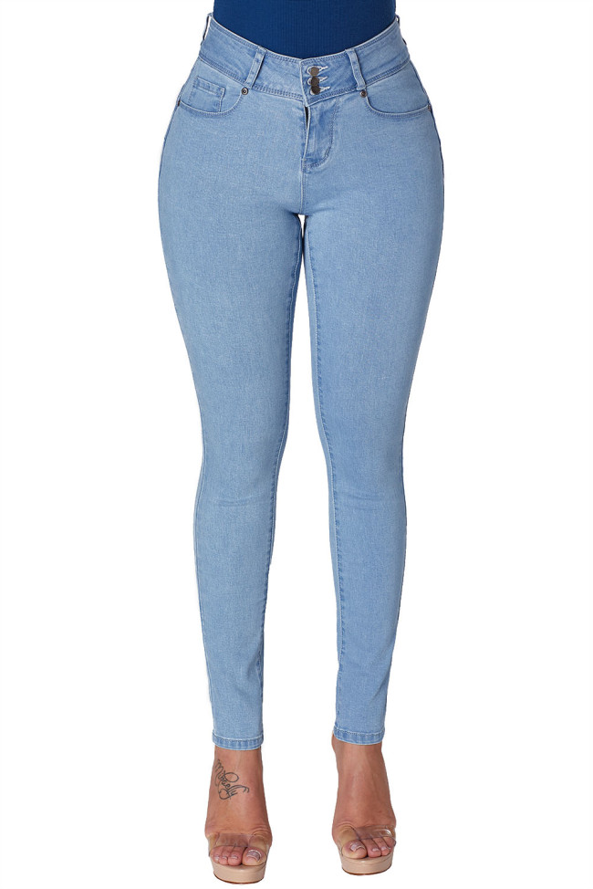 Light Denim Cuffed Butt Lifting Skinny Jeans