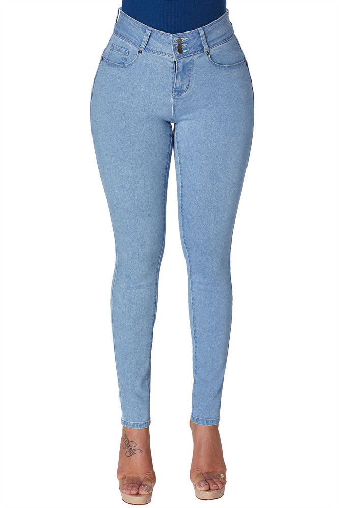 Light Denim Cuffed Butt Lifting Skinny Jeans