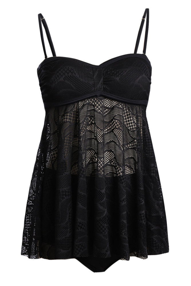 Black Mesh Cutout Strappy Tankini
