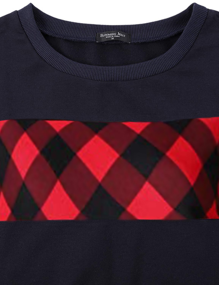 Red Color Block Plaid Shirt Crew Neck Elbow Patch Sweatshirt