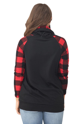 Plaid Sleeve and Cowl Neck Black Drawstring Sweatshirt