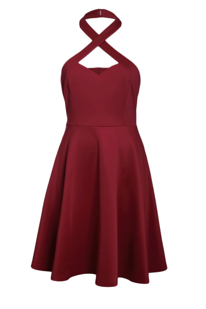Burgundy Cross Halter Vintage Flare Dress