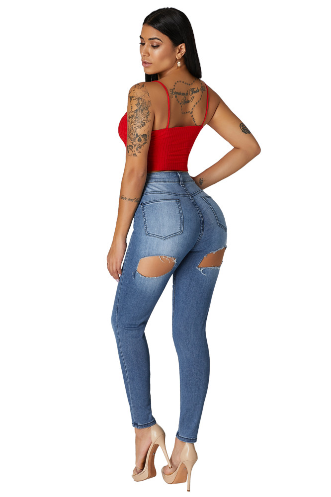 High Waist Bottom Ripped Hole Cut Jeans