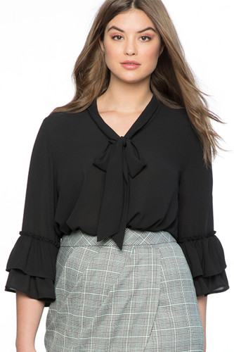 Black Tie Neck Ruffle Sleeved Plus Size Blouse
