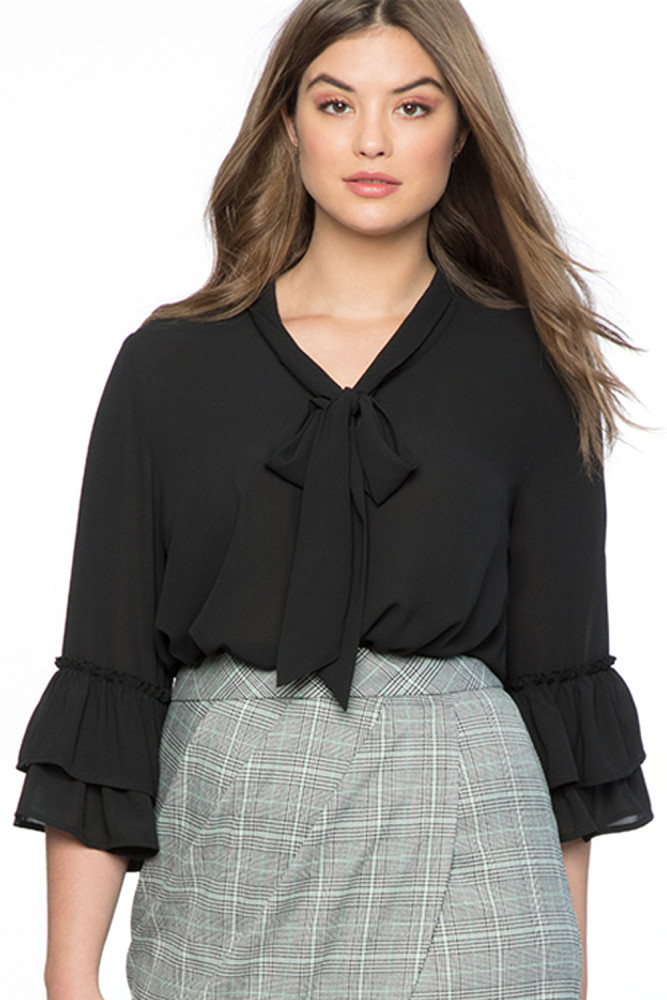 Black Tie Neck Ruffle Sleeved Plus Size Blouse