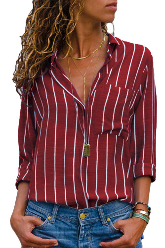 Burgundy Striped Roll Tab Sleeve Button Shirt