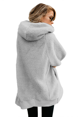 Gray Zip Down Hooded Fluffy Coat