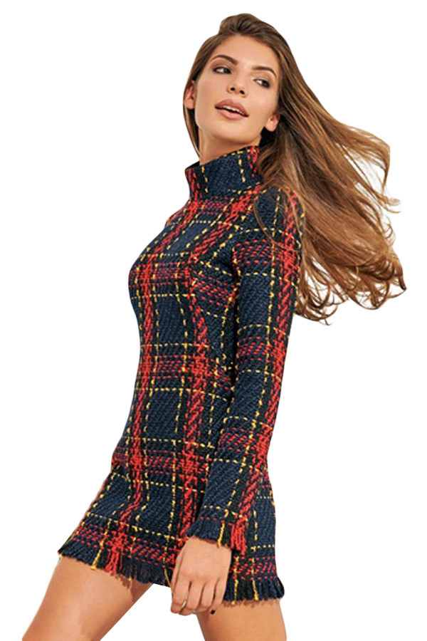 Long Sleeve Tassels Bodycon Mini Tweed Dress