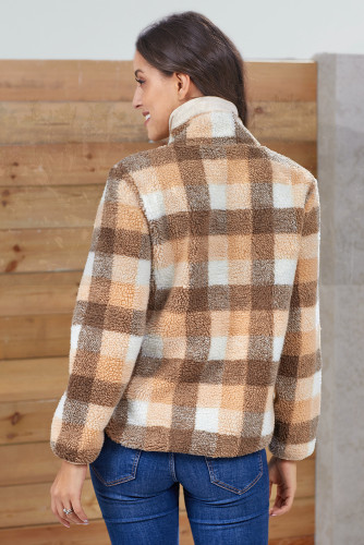 Khaki Plaid Zip Neck Furry Sweatshirt